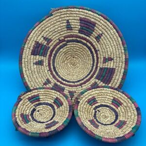 Vintage Ethiopian Harari Coiled Basket Set 3pc Pedestal Mesob Bowl & Plates